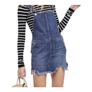 Free People Women Overall Skirt Blue Denim Distressed Raw Hem Skirtalls Size 6